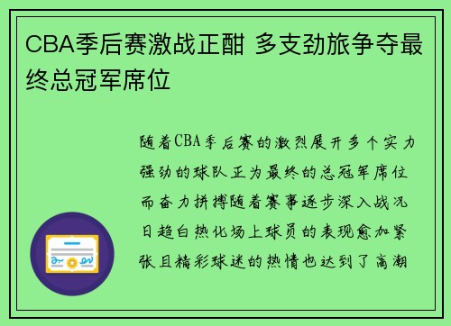 CBA季后赛激战正酣 多支劲旅争夺最终总冠军席位