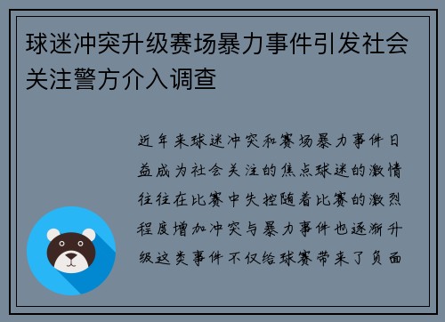 球迷冲突升级赛场暴力事件引发社会关注警方介入调查 球迷冲突升级赛场暴力事件引发社会关注警方介入调查